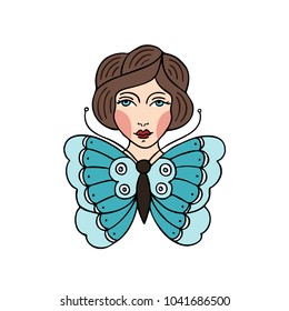 girl butterfly illustration traditional tattoo flash