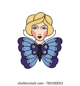 girl butterfly illustration traditional tattoo flash