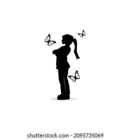 girl and butterfly isolated on white background. silhouette. illustration vector