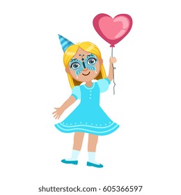 Girl In Butterfly Mask With Balloon, Part Of Kids At The Birthday Party Set Of Cute Cartoon Characters With Celebration Attributes