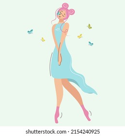 Girl with a butterfly on her nose.Cute pensive woman with pink showers. Beautiful modest woman ballerina or fairy on a gentle green background. Modern fashion character in flat style.