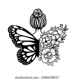  Girl with butterfly wings. Floral woman. Blossom woman with flowers.  Outline drawing. Line vector illustration isolated on white background. Design for invitations, wedding or greeting cards.