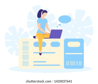 Girl buy, search or booking air, bus, train ticket. Online chat service. Travel banner. Planning vacation, search tourist tour, flight or ground trip. People design poster Creative vector illustration