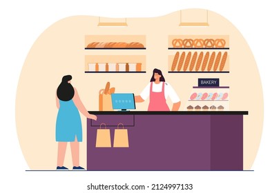 Niña comprando pan en la panadería ilustración vectorial plana. Vendedora al servicio del cliente. Cliente parado en el mostrador. Mujer eligiendo pasteles frescos y galletas. Concepto comercial, de tienda