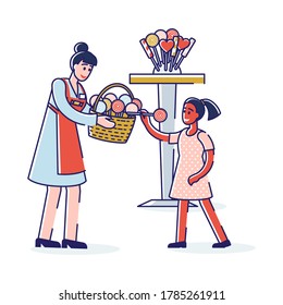 Girl Buying Candy On Stick From Candy Shop Female Owner. Sweets And Treats For Kids Concept. Little Schoolgirl Gets Lollipop On Stick In Confectionary Shop. Cartoon Linear Vector Illustration