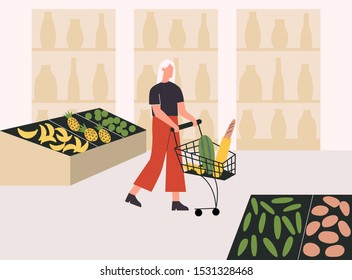 Girl buying food at supermarket. Cute young woman with shopping cart choosing food products at grocery store. Customer in retail shop. Flat vector illustration