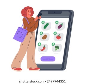 Chica comprando comestibles en línea. Mujer que usa el teléfono inteligente compra verduras en el mercado de comestibles en línea, Ilustración vectorial plana de pantalla de Sitio web de comercio electrónico. App de tienda de alimentos en línea