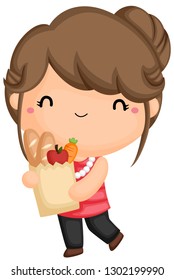 a girl buying groceries in a shopping bag