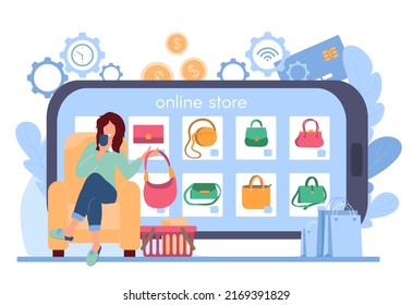 Girl buys bag in an online store. Woman sits in a chair in front of large smartphone and holds a bag in her hand. Online shopping via smartphone application, mobile payment. Vector illustration