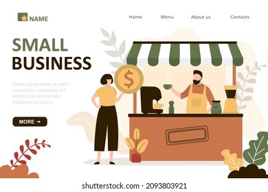 Girl buys coffee at street kiosk. Barista gives order to buyer. Concept of cafe, small business. Worker makes takeaway cappuccino using coffee machine. Landing page template. Flat vector illustration