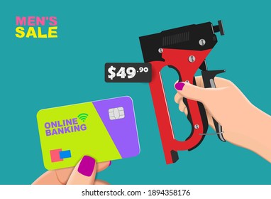 A girl buys a construction tool with a bank card. Vector banner