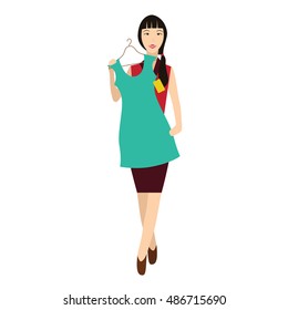 girl buys a dress in the store. vector illustration of shopping, sale.