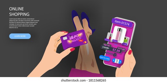 A girl buys facial cosmetics in a mobile app for black Friday. Vector banner