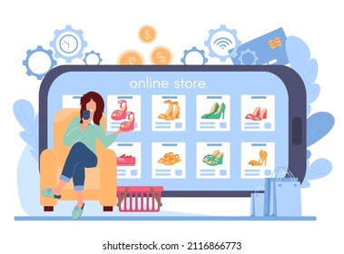 Girl buys footwear in an online store. Woman sits in a chair in front of large smartphone and holds a shoe in her hand. Online shopping via smartphone application, mobile payment. Vector illustration