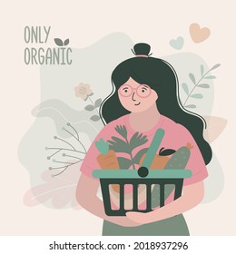 Girl buys fresh vegetables and fruits in grocery. Woman holds basket with set of organic food. Healthy lifestyle. Female character buys various eco products. Shop with vegan meal. Vector illustration