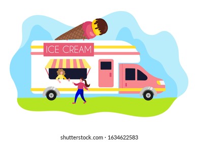 a girl buys a sweet dessert in an ice cream van. vector flat illustration. concept for street food. happy summer vacation in the city