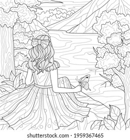 The girl by the lake is sitting.Coloring book antistress for children and adults. Illustration isolated on white background.Zen-tangle style. Hand draw