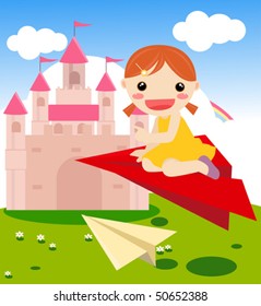 girl by paper plane in the sky.
