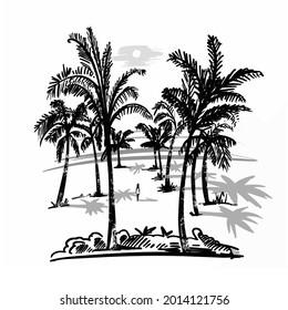 Girl by the sea with palms and tropical plants. Beach, vacation, tourism in exotic countries. Handmade, vector illustration.