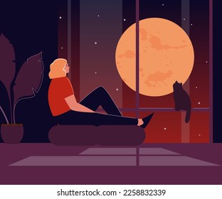 Girl by the window looking at the big moon. Loneliness or insomnia vector illustration