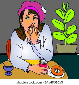 girl in a cafe with a cup and a pie