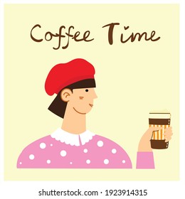 Girl in a cafe, drink coffee. Coffee time. Flat style vector illustration isolated on a background.