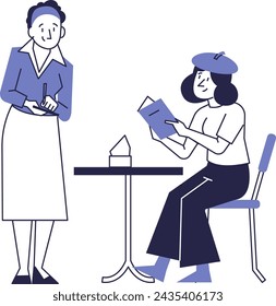 A girl in a cafe makes an order to the waitress.