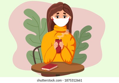 Girl in a cafe with a mask. Girl with coffee. Pandemic 2020. Stock vector illustration.