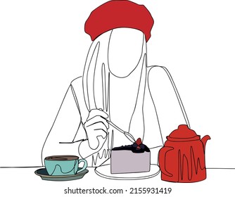A girl in a cafe sits at a table and eats cake, drinks tea. One line drawing.	