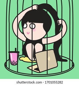 Girl In Cage Tied Her Very Long Hair Ponytail. Self-isolation During The Virus Pandemic Has Made It Difficult To Access Professional Hairdresser. Quarantine Mood And Life Concept Card Character