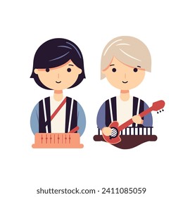 A girl with a cake and a boy playing a ukulele in a vector illustration.