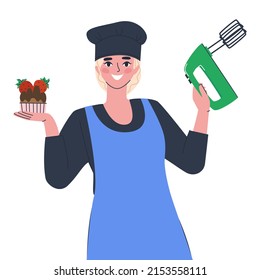 A girl with a cake in one hand and a mixer in the other. Woman in uniform. Flat vector illustration. Eps10