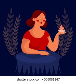 Girl with a cake sitting at a blue table. She enjoys the taste of sweetness. Behind her are plants. Vector illustration.
