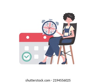 Girl, a calendar with a marked date and a clock. The concept of learning English. Isolated. trendy style. Vector illustration.