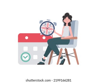Girl, a calendar with a marked date and a clock. The concept of teaching English. Isolated. trendy style. Vector.
