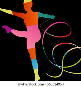 Girl calisthenics sport gymnast silhouette acrobatics flying ribbon abstract background illustration vector