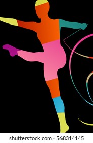 Girl calisthenics sport gymnast silhouette acrobatics flying ribbon abstract background illustration vector