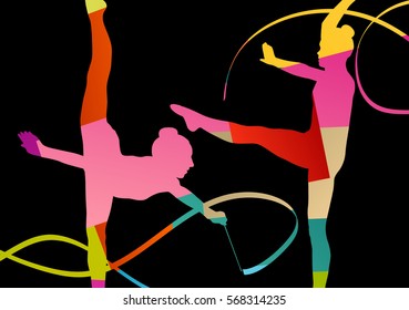 Girl calisthenics sport gymnast silhouette acrobatics flying ribbon abstract background illustration vector