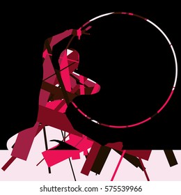 Girl calisthenics sport gymnast silhouette with spinning ring in abstract graphic mosaic background illustration vector