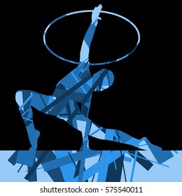 Girl calisthenics sport gymnast silhouette with spinning ring in abstract graphic mosaic background illustration vector