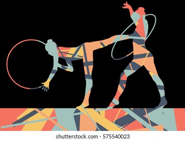 Girl calisthenics sport gymnast silhouette with spinning ring in abstract graphic mosaic background illustration vector