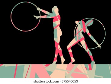 Girl calisthenics sport gymnast silhouette with spinning ring in abstract graphic mosaic background illustration vector