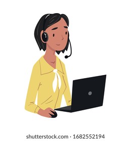 Girl Call Center Operator, Customer Support Service Assistant with Headset, Help Desk, Online Technical Support Vector Illustration