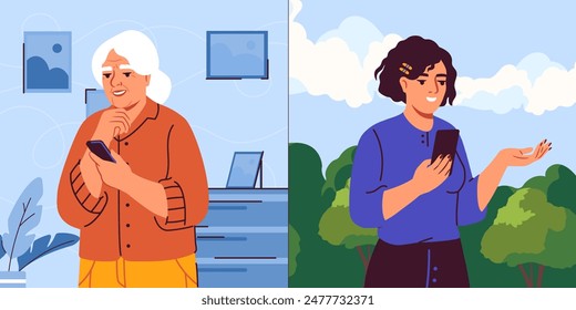 Chica llamada a la abuela. Comunicación remota e interacción en Internet. Video Familia hablando con Conversación en línea. Ilustración vectorial plana de dibujos animados