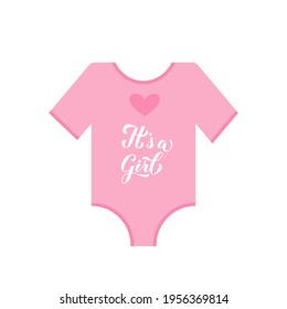 Its a girl calligraphy hand lettering on pink baby onesie. Gender reveal sign. Baby shower decorations. Vector template for invitation, greeting card, banner, typography poster, label, etc.