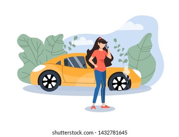 Girl calling car/road assistance for help. Burst wheel. Insurance accident on road. Flat vector illustration.