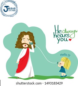 A girl is calling to Jesus God that is Jesus cartoon vector in Jesus loves you series
