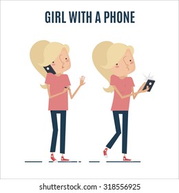 Girl calling phone. Vector illustration