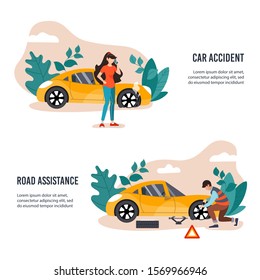 Girl calling road assistance for help. Burst wheel. Mechanic changing wheel on a roadside. Road assistance banner concept. Flat vector illustration.