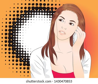 Girl calling to someone with smartphone. vector illustration isolated cartoon hand drawn vintage style
